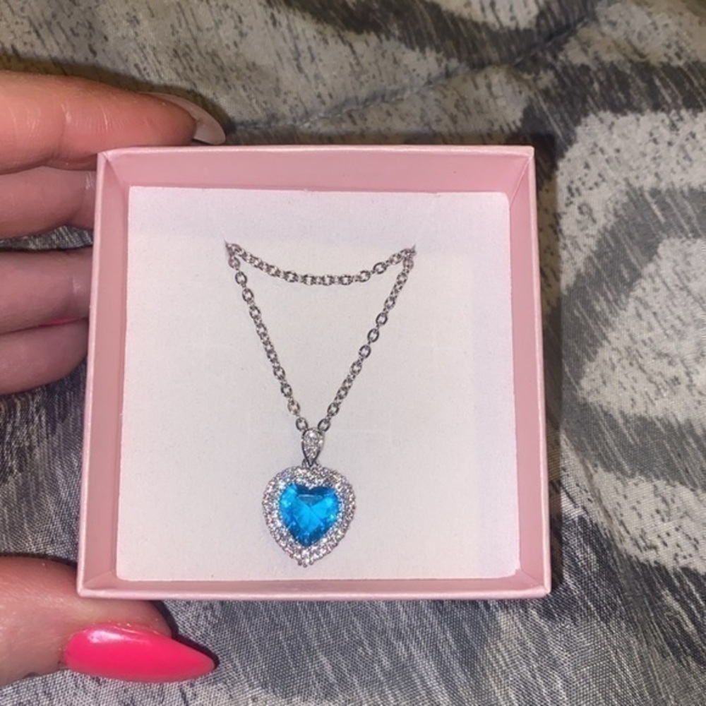 Blue Crystal Heart Pendant and Silver Tone Necklace - Kiki's Titanic Heart